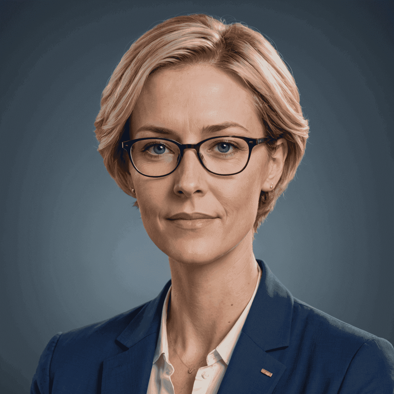 Portrait of Sarah Johnson, an experienced oil market analyst with short blonde hair and glasses, wearing a professional blue blazer