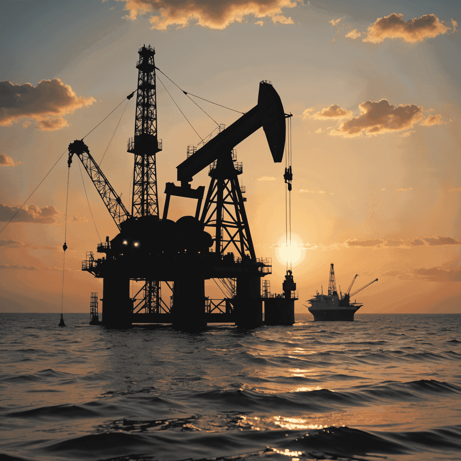 Oil rig at sunset with stock market graph overlay, symbolizing the connection between oil production and financial markets