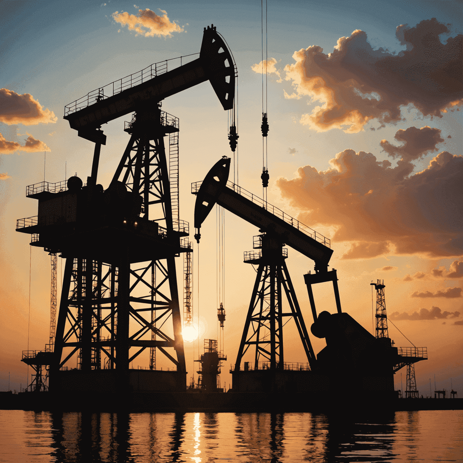 Oil rig at sunset with stock market graph overlay, symbolizing the connection between oil production and financial markets