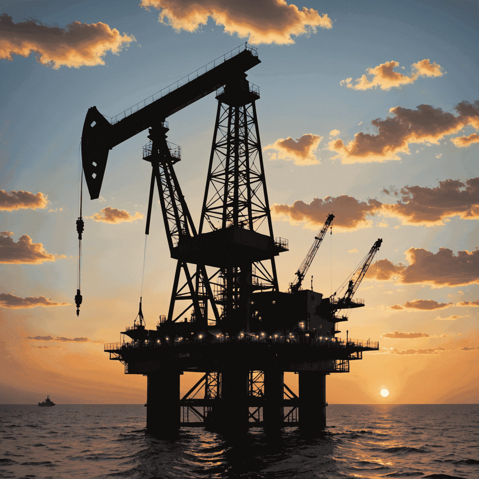 Oil rig at sunset with dollar signs overlaid, symbolizing passive income from oil stocks