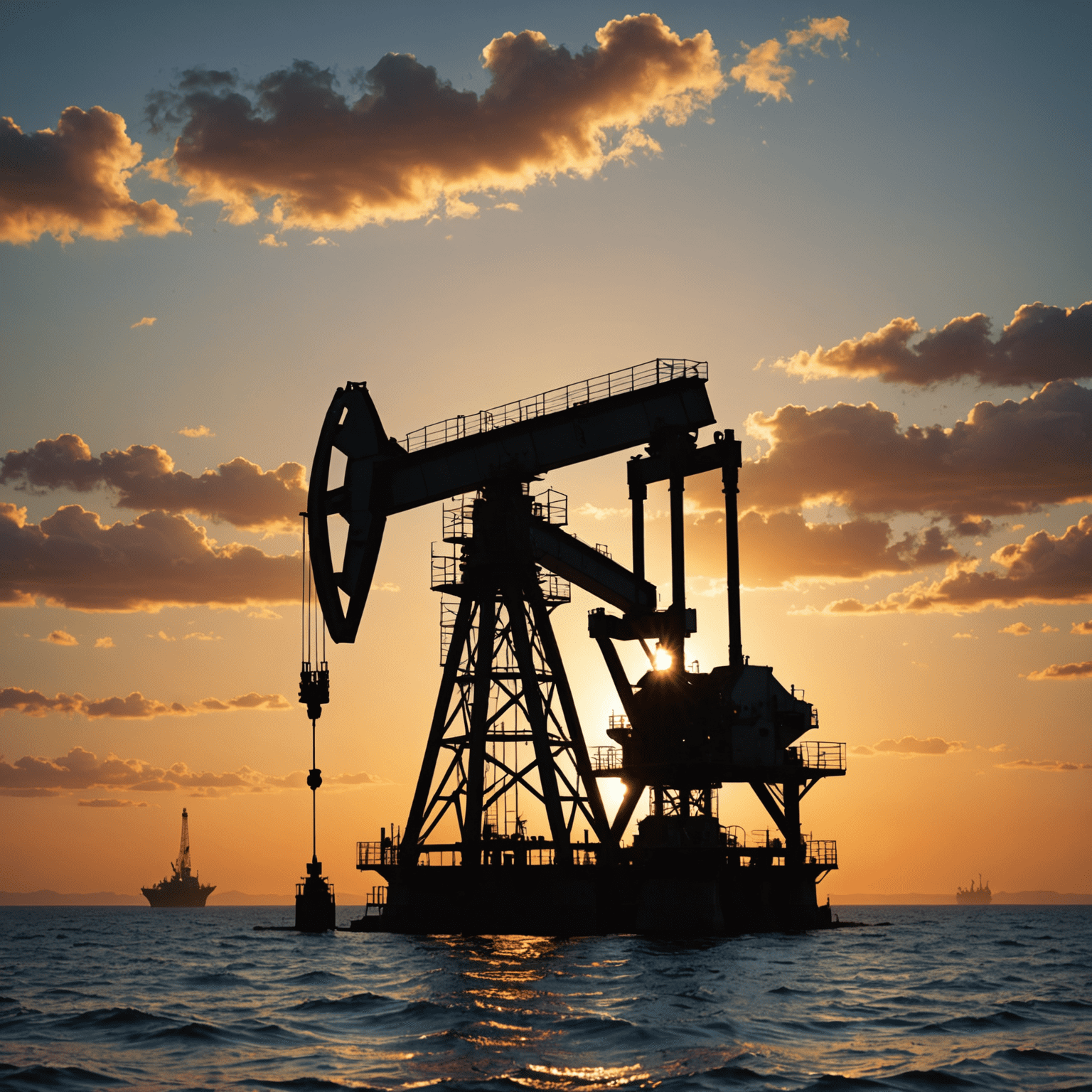 Oil rig at sunset with financial charts overlay, symbolizing risk management in oil investments