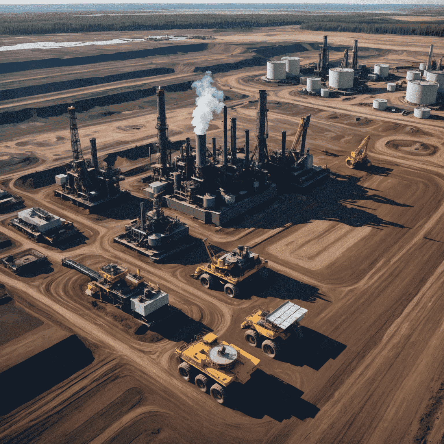 Aerial view of Canadian oil sands extraction site with heavy machinery and vast landscape