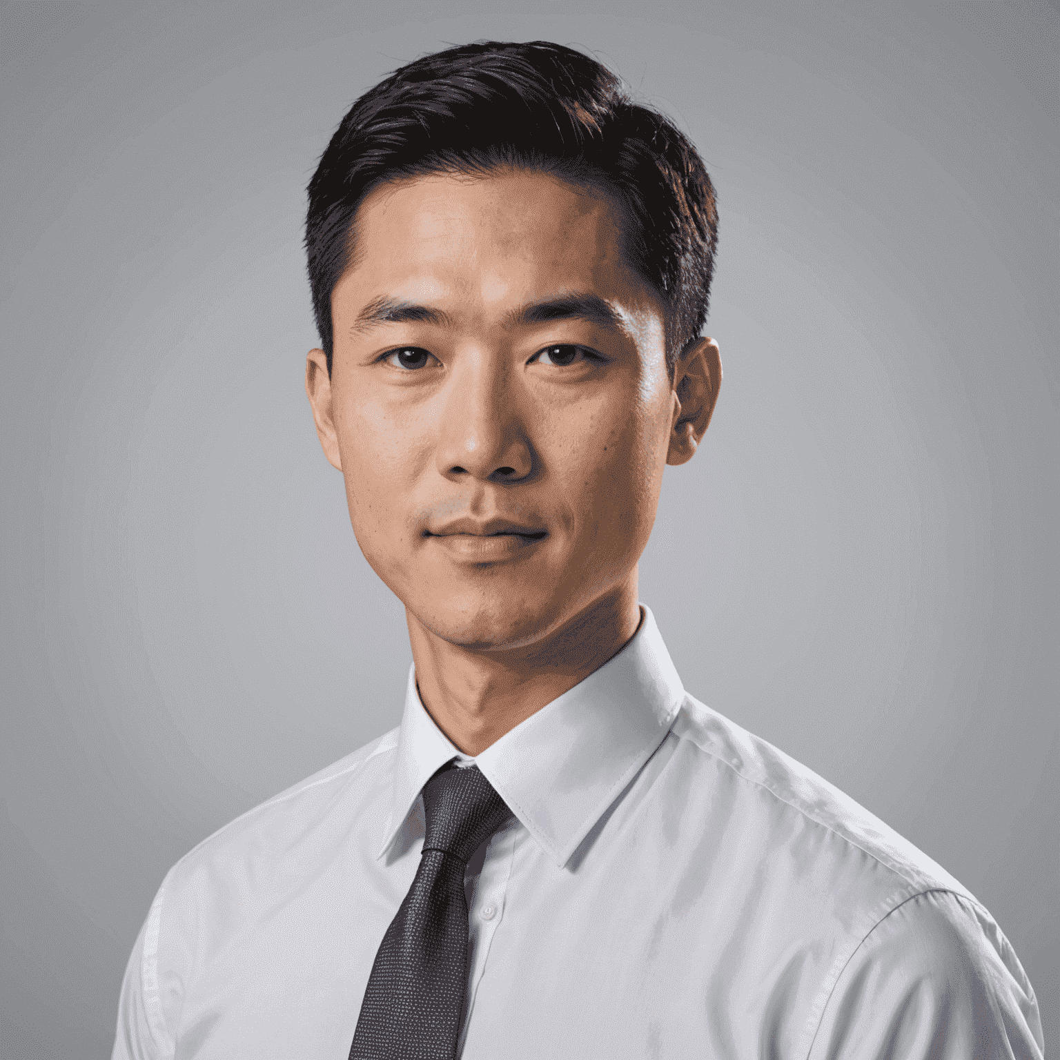 Portrait of Michael Chen, a financial strategist with short black hair, wearing a crisp white shirt and tie