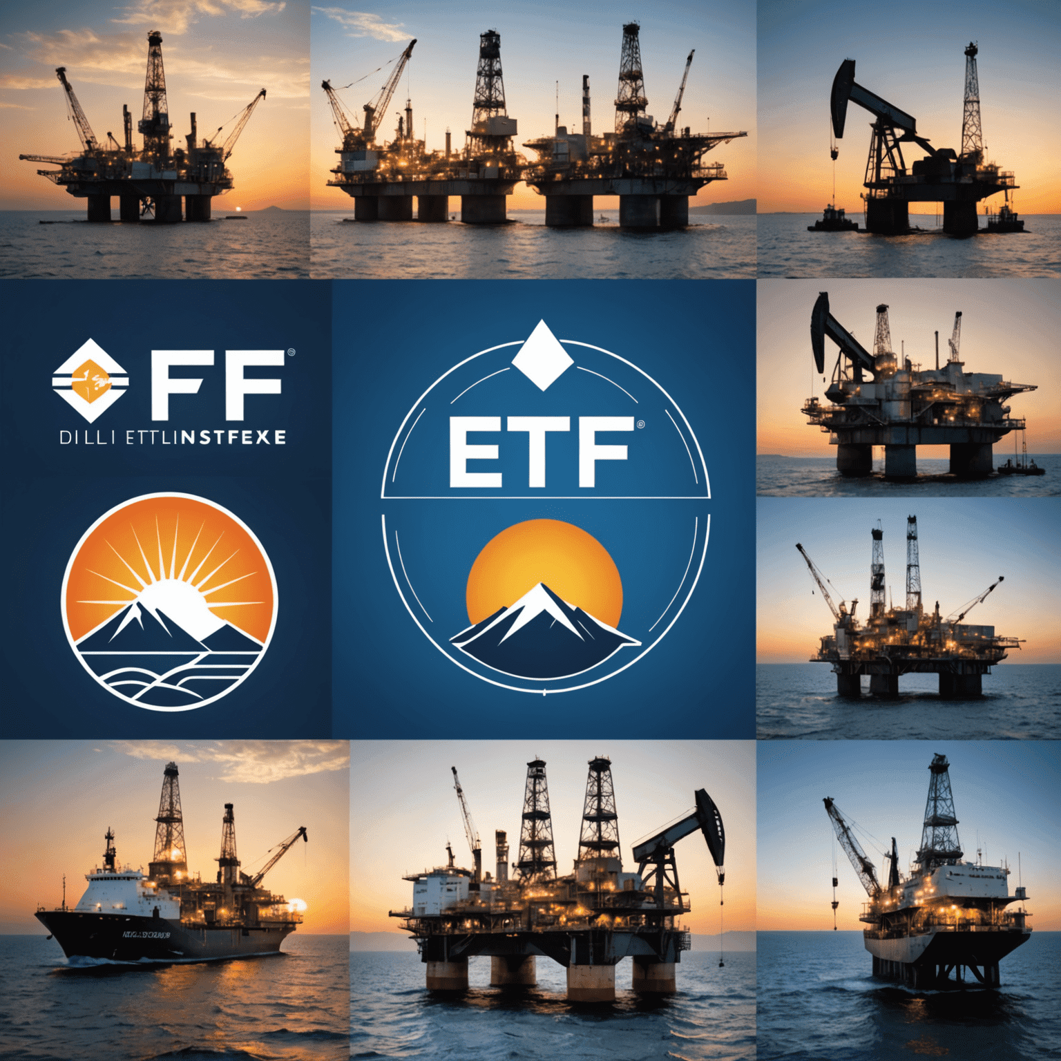 A collage of 5 different ETF logos related to oil investing, with a background of oil rigs and stock market charts