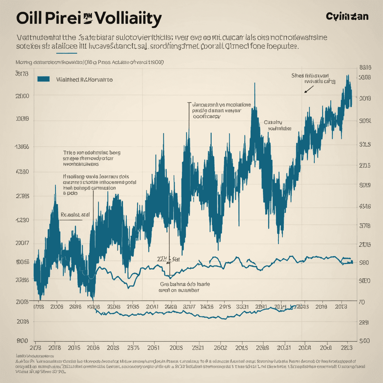 Graph showing oil price volatility over time with annotations of major events affecting prices