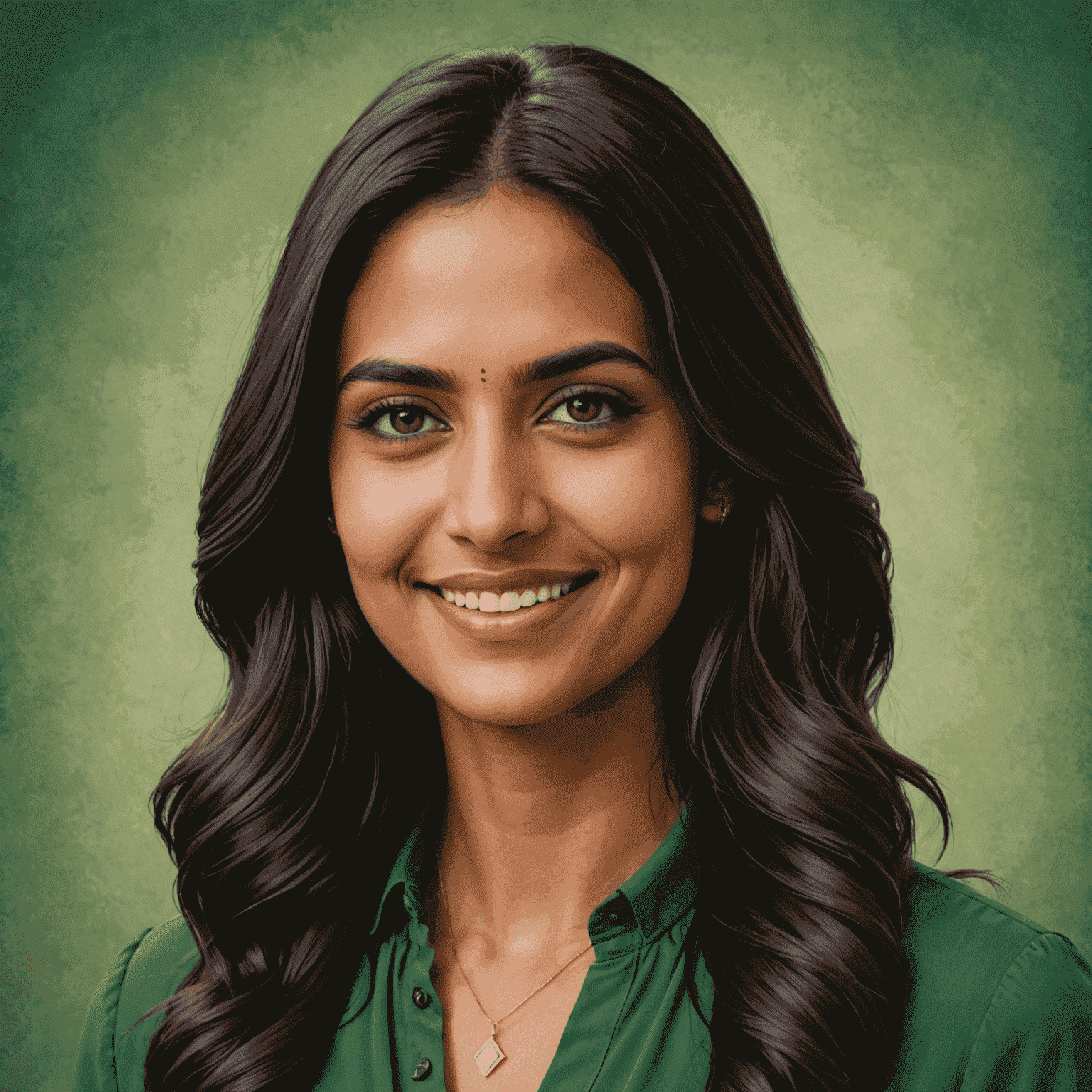 Portrait of Emily Patel, a client relations expert with long dark hair, wearing a green blouse and a warm smile