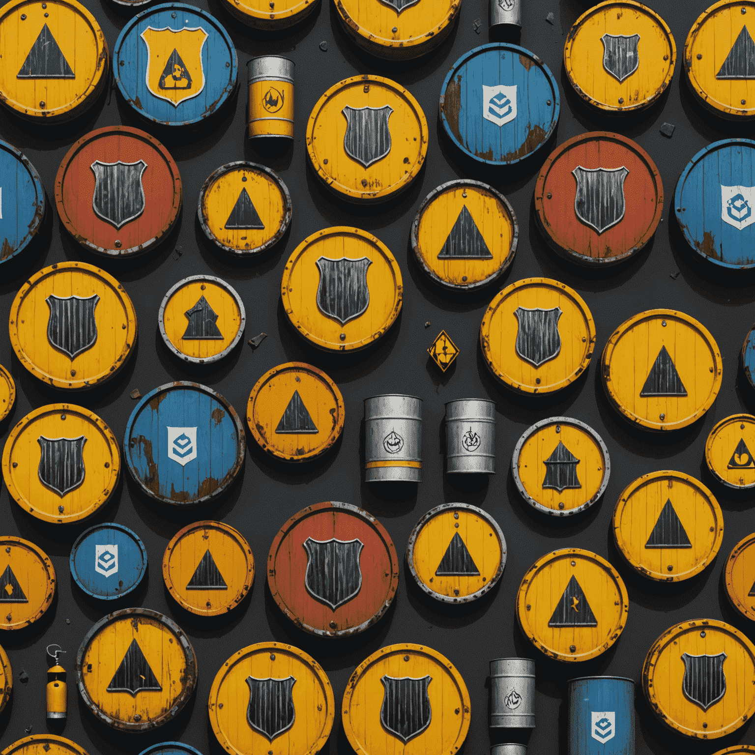 A shield protecting oil barrels from various hazard symbols, representing risk management in oil investments