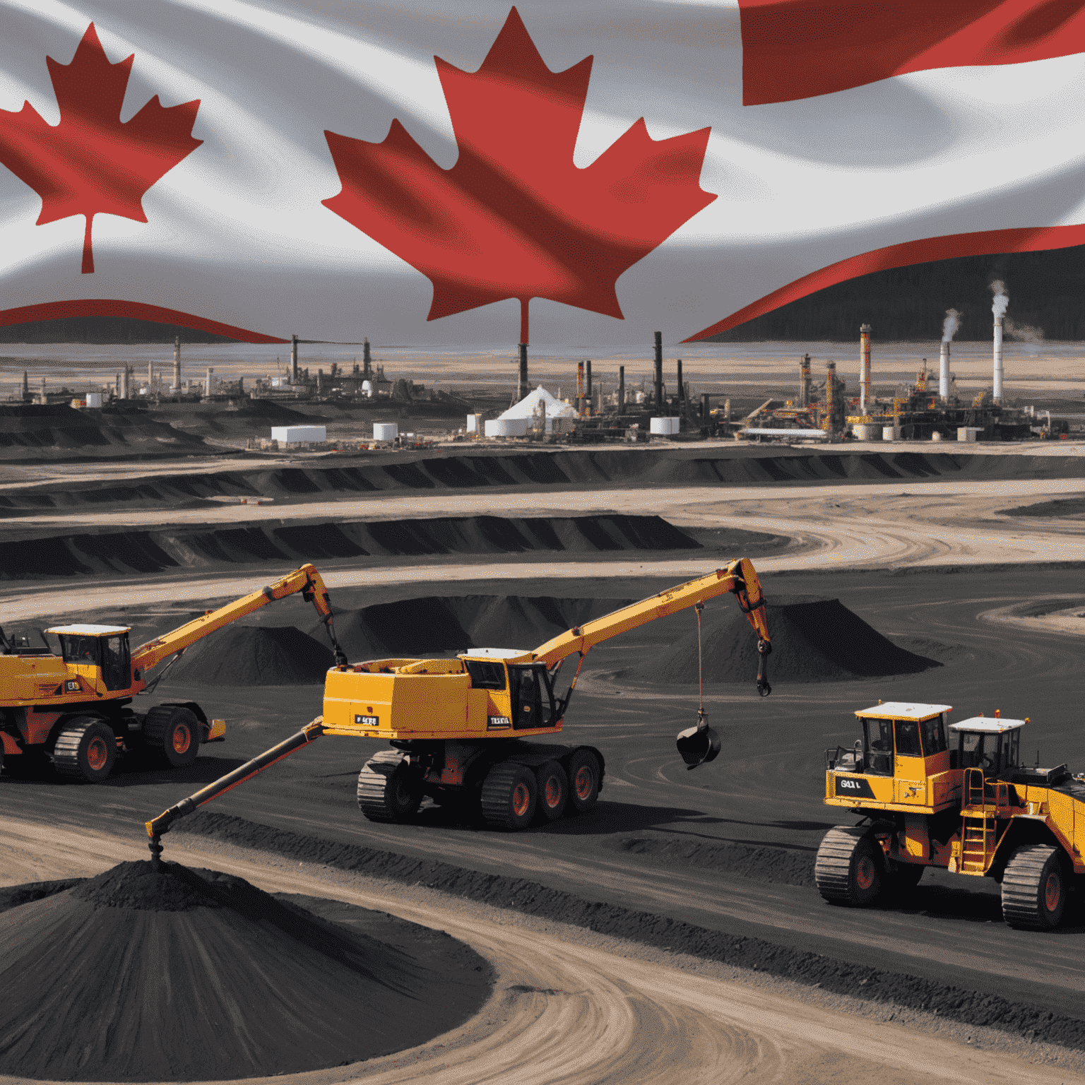 A panoramic view of Canadian oil sands with the Canadian flag and dollar symbols, highlighting the investment opportunity